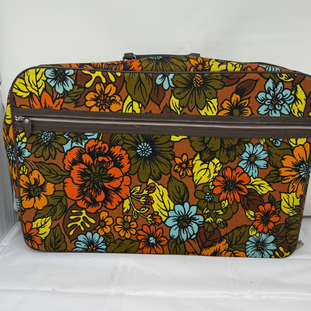 Vintage Bantam Travelware Floral Tapestry Suitcase Brown Orange 70s Carry On Bag
